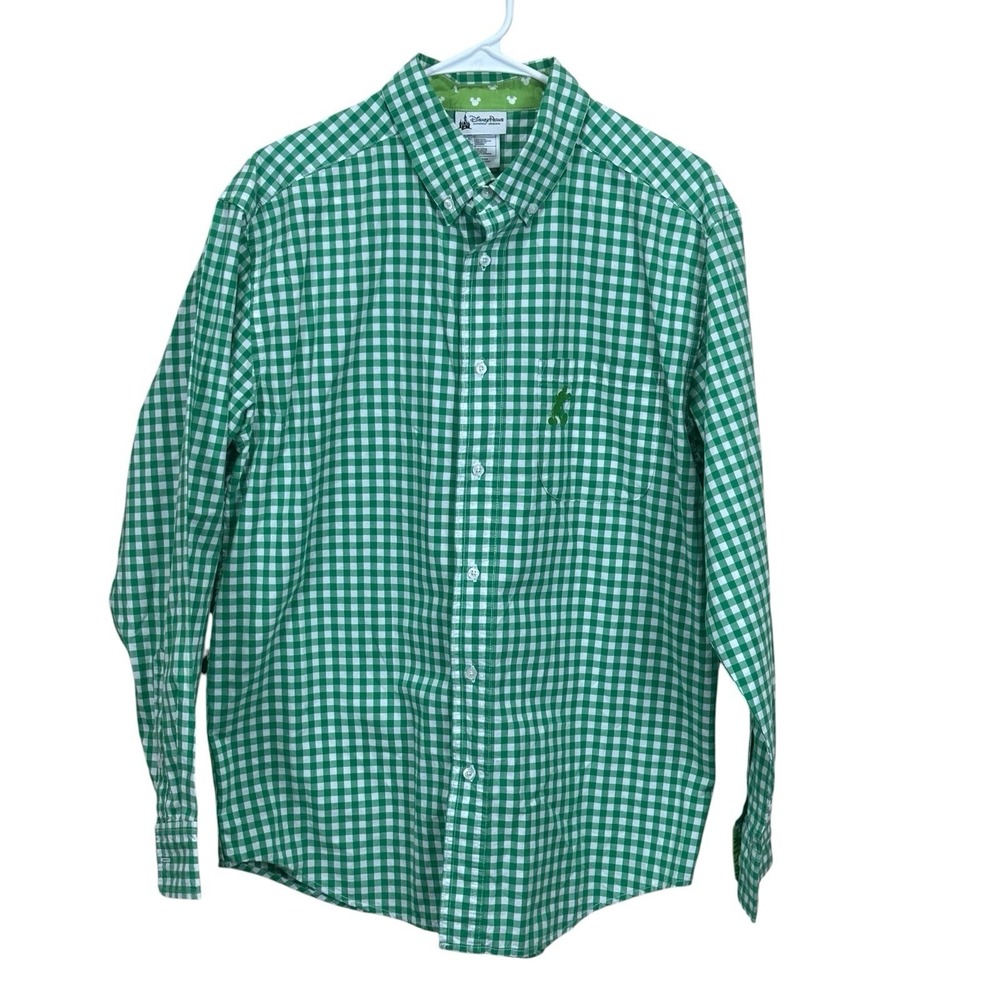 Disney Parks Mickey Mouse Gingham Button Down Shirt Men's M‎ Green Check Cotton